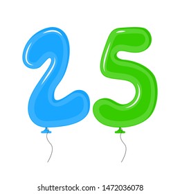 Color Balloons with Numbers Twenty Five Decoration Elements Set for Holiday, Anniversary and Party Symbol of Celebration. Vector illustration