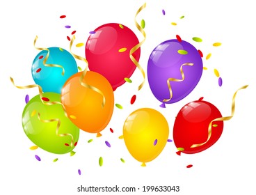 Color balloons with ribbons and confetti