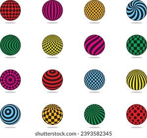 Color balls vector set. Striped ball, check, dots pattern. Flat design element for template.