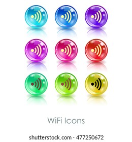 Color balls with wifi symbol app icon. Useful for wi-fi cafes, wireless internet zones, terminals, etc.