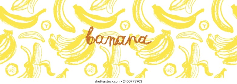 Color banana pattern seamless for banner template. Banana wallpaper. Tropical ornament with crayon texture. Vector bananas background.