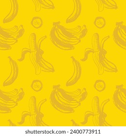 Color banana pattern seamless for banner template. Banana wallpaper. Tropical ornament with crayon texture. Vector bananas background.