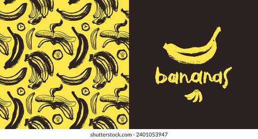 Color banana pattern seamless for banner template. Banana wallpaper. Tropical ornament with crayon texture. Vector bananas background.