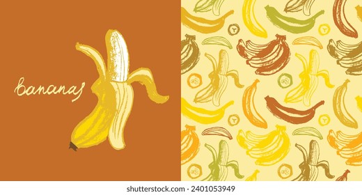 Color banana pattern seamless for banner template. Banana wallpaper. Tropical ornament with crayon texture. Vector bananas background.