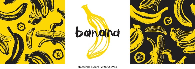 Color banana pattern seamless for banner template. Banana wallpaper. Tropical ornament with crayon texture. Vector bananas background.