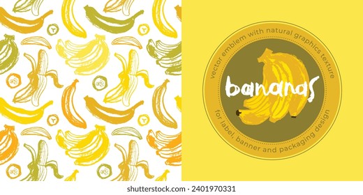 Patrón de banana de color sin inconvenientes para la plantilla de banner. Papel tapiz bananero. Ornamento tropical con textura de crayón. Antecedentes de plátanos vectores.