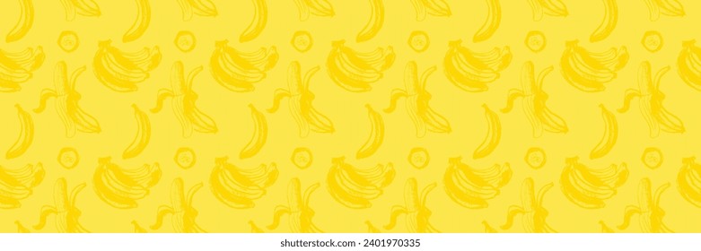 Color banana pattern seamless for banner template. Banana wallpaper. Tropical ornament with crayon texture. Vector bananas background.