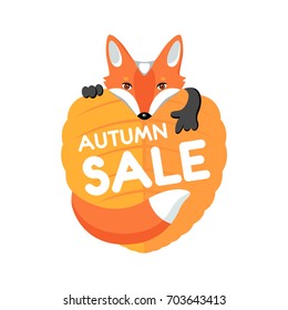 Color banner for the autumn sale with a drawing of a cartoon animal fox, looking out from behind the leaf. Vector, isolated on background, for shopping and discount design.