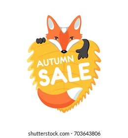 Color banner for the autumn sale with a drawing of a cartoon animal fox, looking out from behind the leaf. Vector, isolated on background, for shopping and discount design.