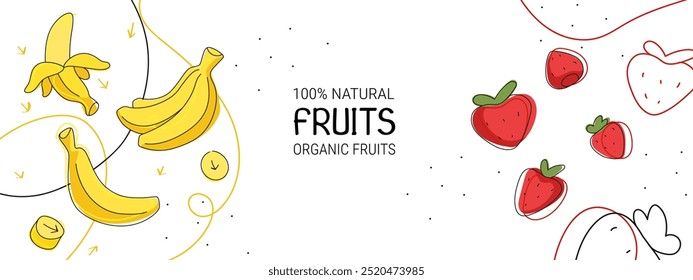 Banner de cor com frutas diferentes, vetor plano, design moderno para web e publicidade. Modelo de design de ilustração desenhado à mão com banana e morango em estilo de arte moderno. Orgânico, natural