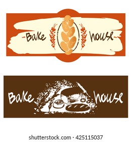 Color banner with logo for fresh bakery products from wheat and rye flour, decorated with ears of wheat. Draw by hand bread. Bake house logo. Bakery shop logo.