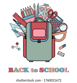 Color banner with school backpack and stationery in flat style, vector