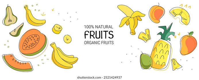 Banner de cor com frutos isolados diferentes, multivitamin, vetor plano, design moderno para web e propaganda.Banana desenhada à mão, pera, melão, manga, abacaxi em estilo de arte doodle moderno.Organic