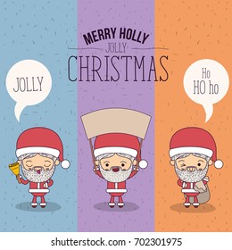 color banner sparks merry holly jolly christmas of set full body cute caricature of santa claus with placard wooden an dialogue box vector illustration