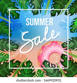 Color Banner of the summer sale on the background of the sea. Frame from tropical leaf and a lifeline in the form of a doughnut.