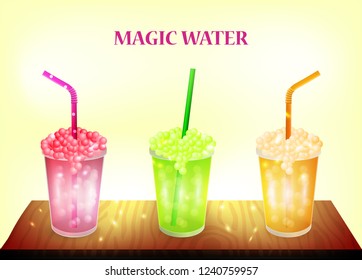 Color banner - three magic water on table. Glass with fruit cocktail and a pipe. vector illustration on a white background.