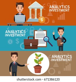 color banners analytics investment with set of businessman in presentation