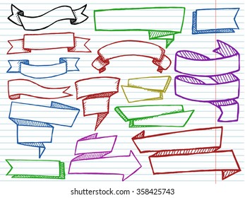 Color banners on white copybook background. Free hand drawn. Vector illustration.