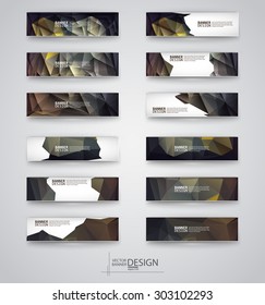 Color banners set with polygonal abstract shapes on gray background. Vector illustration.