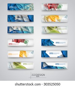 Banners de color con formas abstractas polígonales en fondo gris. Ilustración vectorial.