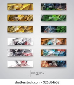 Color banners set with polygonal abstract shapes on gray background. Vector illustration.
