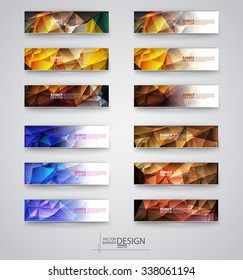 Color banners set with polygonal abstract shapes on gray background. Vector illustration.