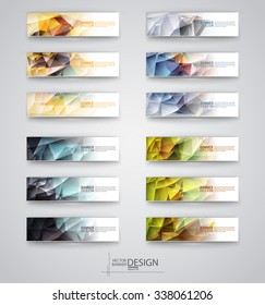 Color banners set with polygonal abstract shapes on gray background. Vector illustration.
