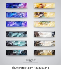 Color banners set with polygonal abstract shapes on gray background. Vector illustration.