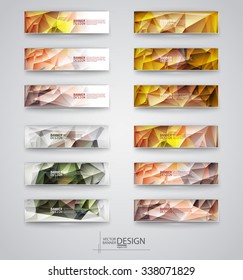 Color banners set with polygonal abstract shapes on gray background. Vector illustration.