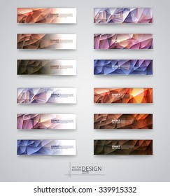 Color banners set with polygonal abstract shapes on gray background. Vector illustration.
