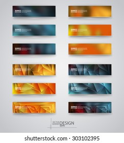 Color banners set with polygonal and blurry abstract shapes on gray background. Vector illustration.