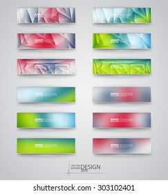 Color banners set with polygonal and blurry abstract shapes on gray background. Vector illustration.