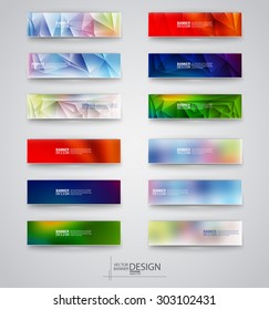 Color banners set with polygonal and blurry abstract shapes on gray background. Vector illustration.