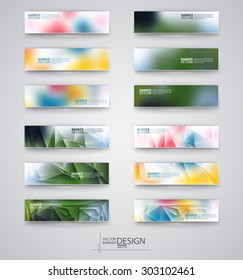 Color banners set with polygonal and blurry abstract shapes on gray background. Vector illustration.