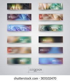 Color banners set with polygonal and blurry abstract shapes on gray background. Vector illustration.