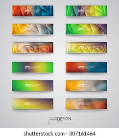 Color banners set with polygonal and blurry abstract shapes on gray background. Vector illustration.