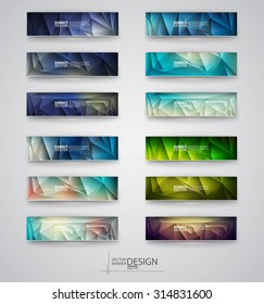 Color banners set with polygonal and blurry abstract shapes on gray background. Vector illustration.