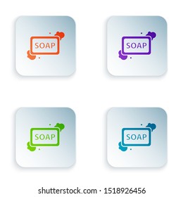 Color Bar of soap with foam icon isolated on white background. Soap bar with bubbles. Set icons in colorful square buttons. Vector Illustration