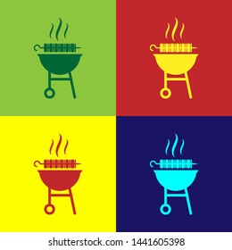 Color Barbecue grilled shish kebab on skewer stick icon isolated on color backgrounds. BBQ meat kebab on skewer stick. Picnic with grill meat. Vector Illustration