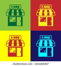 Color Barbecue shopping building or market store icon isolated on color backgrounds. BBQ grill party. Shop construction. Vector Illustration