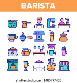 Color Barista Equipment Sign Icons Set Vector Thin Line. Coffee And Latte Cup, Beverage Machine And Barista Brewing Pot Linear Pictograms. Morning Energetic Drink Illustrations