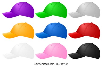 Color baseball caps ob white background. Vector illustration.