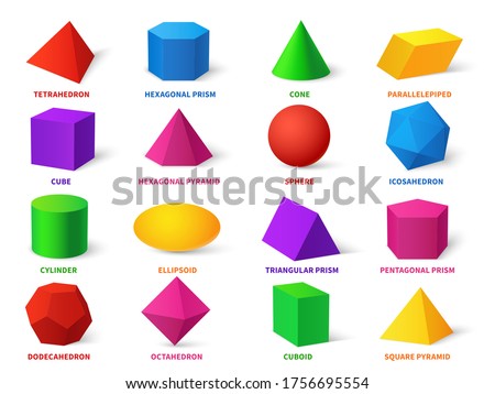 Color basic shapes. Realistic 3d geometric forms cube and ellipsoid, cylinder and sphere, cone and pyramid, dodecahedron and octahedron, learning objects vector education set