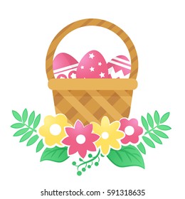 Color basket with Easter eggs. Vector illustration.