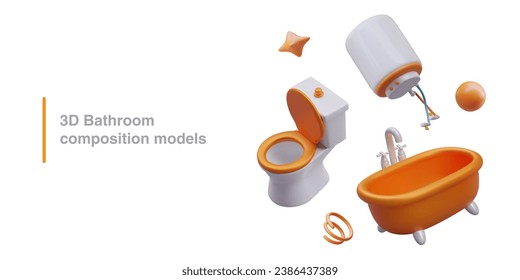 Color bathroom composition models. Orange bathtub, toilet, water heater, spring, bubble, star. Set for advertising hygiene procedures detergents and plumbing services, store