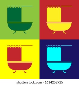 Color Bathtub with open shower curtain icon isolated on color background.  Vector Illustration