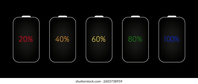 Color battery icon set Vector illustration, battery charging sign and symbol, battery charge level in percentage.