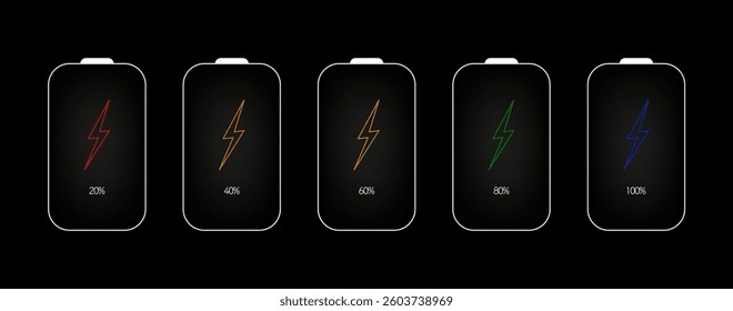 Color battery icon set Vector illustration, battery charging sign and symbol, battery charge level in percentage with lightning bolt.