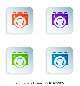 Color Battery with recycle symbol icon isolated on white background. Battery with recycling symbol - renewable energy concept. Set colorful icons in square buttons. Vector