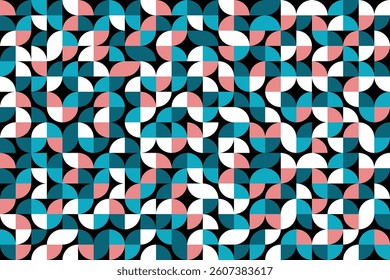 Color bauhaus style seamless pattern. Modern ornament with grid and tile geo squares, semicircles and half-circles. Abstract geometric retro background for cloth, card, textile, fabric.